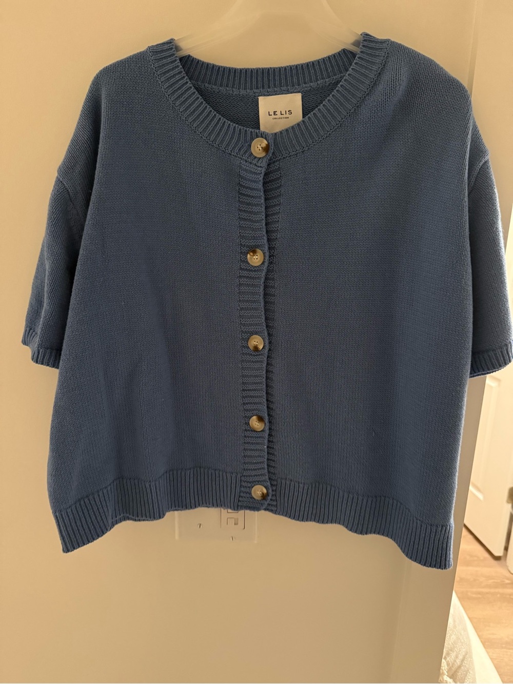 Le Lis Short-Sleeve Button Cardigan in Blue